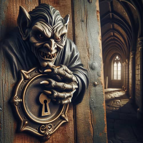 Malevolent Gargoyle Peeking Through Old Keyhole
