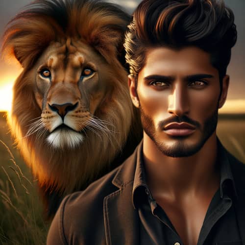 Middle-Eastern Model and Asiatic Lion on Grassland | Sunset Scene