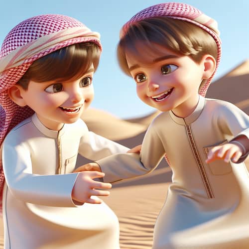 Saudi Arabian Boys Playing in Sunlit Desert