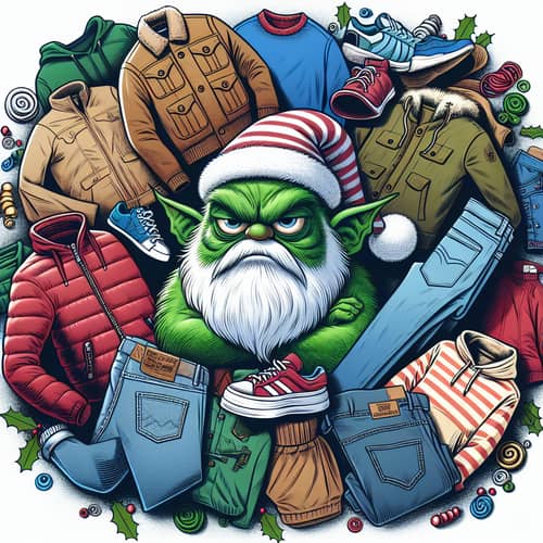 Designer Clothes Swirling Around Classic Holiday Character