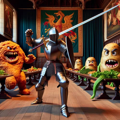 Epic Battle of Knight vs. Anthropomorphized Food Items