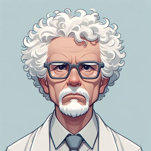Philosophy Professor with White Curly Hair and Square Glasses
