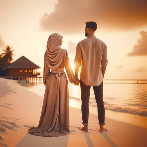 Serene Unity: Middle Eastern Muslim Couple on Maldivian Beach
