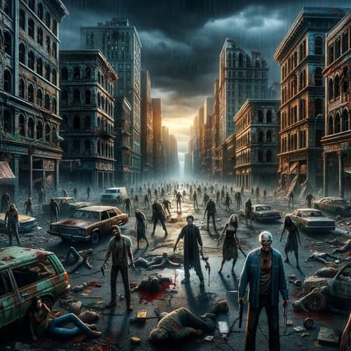 Zombie Invasion in Vibrant City | Scenes of Crumbling Buildings