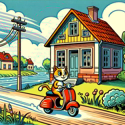 Vintage Cartoon House by River with Cat on Scooter