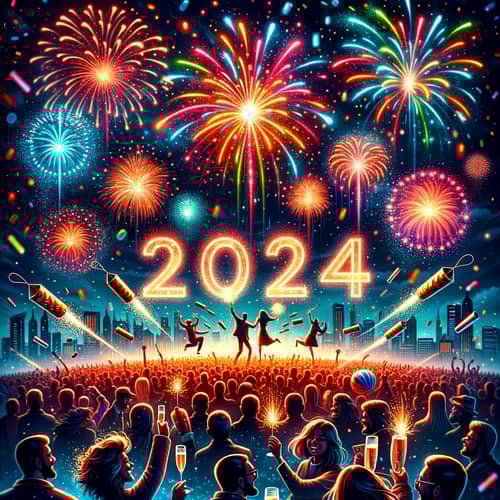Vibrant New Year Celebration 2024 with Fireworks & Champagne Toast