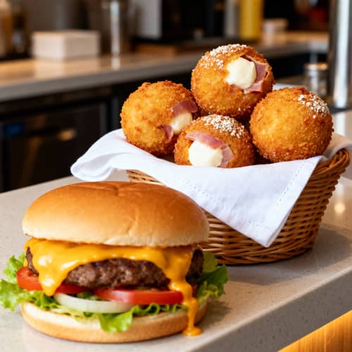 Gourmet Burger with Cheese & Crispy Ham Balls Gourmet Burger with Cheese & Crispy Ham Balls