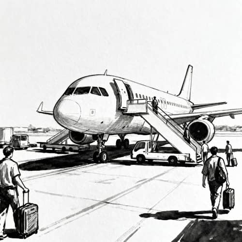 People Collecting Luggage from Parked Plane Drawing