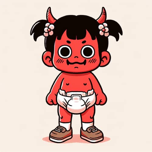 Cartoon Toddler Girl Oni with Red Skin and Pigtails