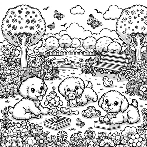Playful Puppies Coloring Scene with Toys in Flower Garden