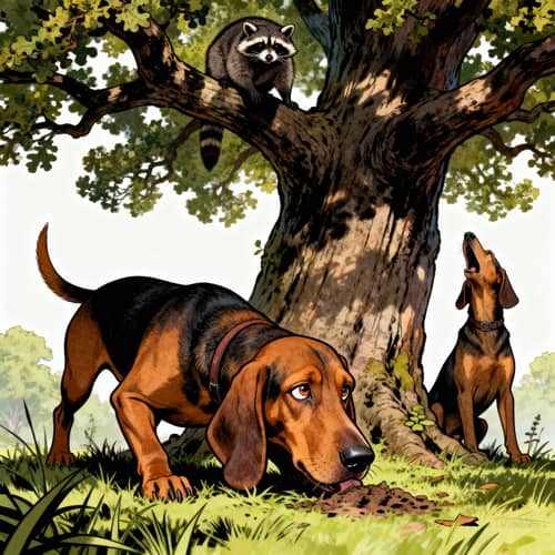 Curious Coonhound at the Oak Tree
