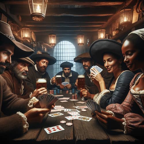 17th Century Multicultural Blackjack Game in Rustic Tavern
