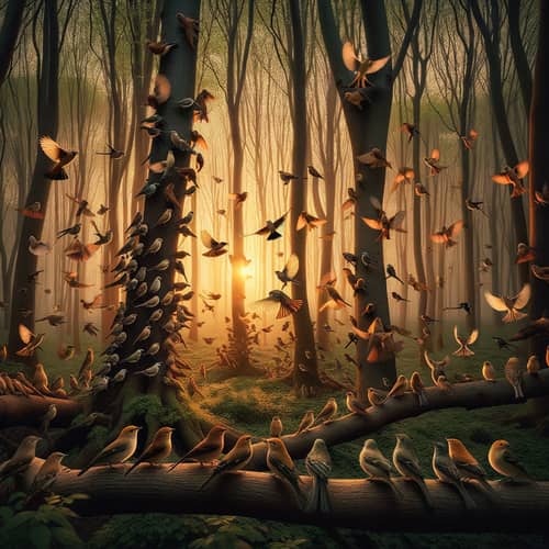 Enchanting Scene of Birds Perched on Tree Branches at Dusk