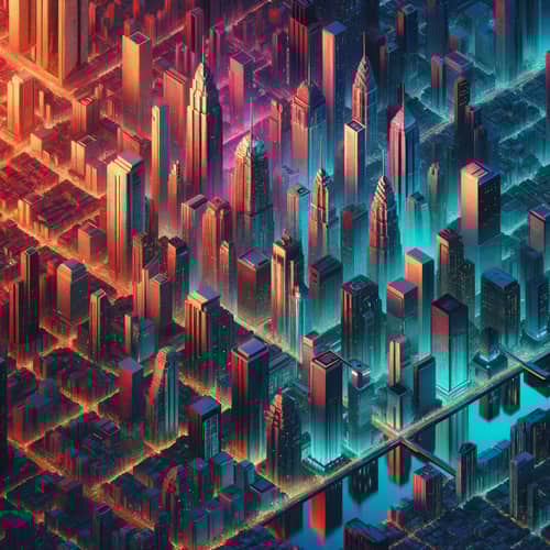 Vibrant City Financial District Artwork | Detailed Geometric Structures