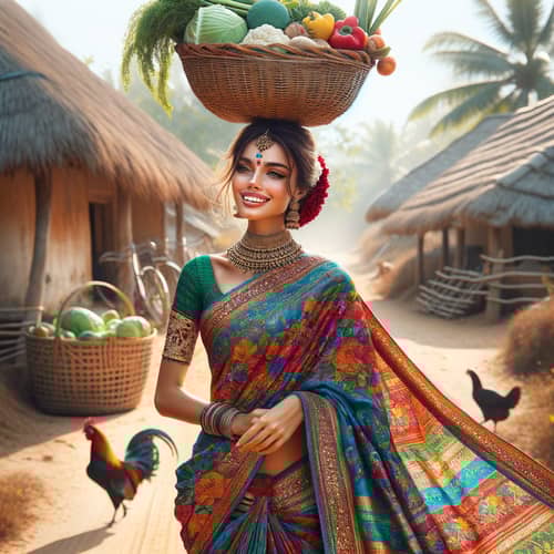 Beautiful Tamil Nadu Village Woman in Traditional Saree with Gold Threads