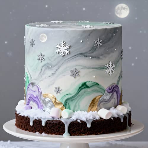 Elegant Lilac Green Chocolate Cake with Snowflakes