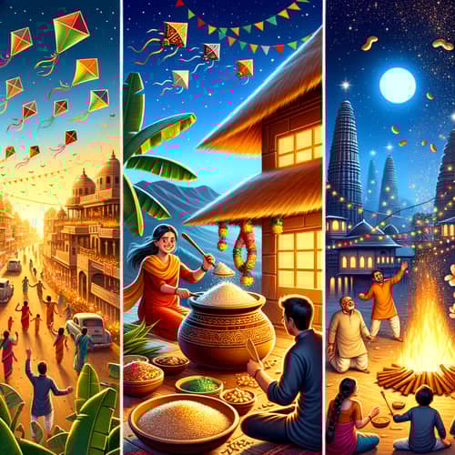 Indian Harvest Festivals: Makar Sankranti, Pongal, Lohri - Celebratory Illustration