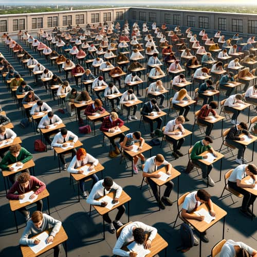 Diverse Students Engrossed in Exams on Urban School Roof