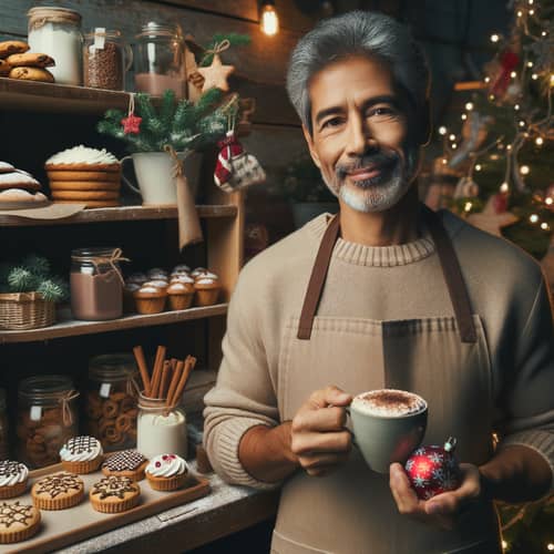 South Asian Baker Surrounded by Freshly Baked Goods and Christmas Decor