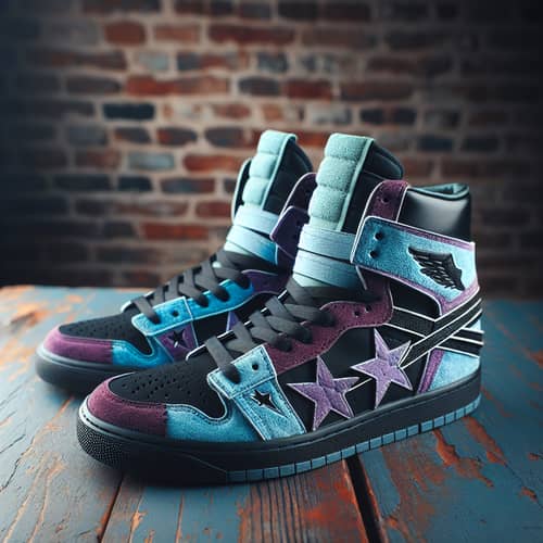Bold Blue, Purple & Black High-Top Sneakers with Urban Streetwear Style