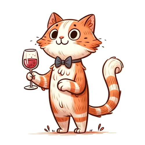 Whimsical Cartoon Cat Holding Glass of Wine