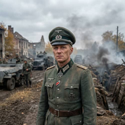 German Colonel in WWII Battlefield Scene