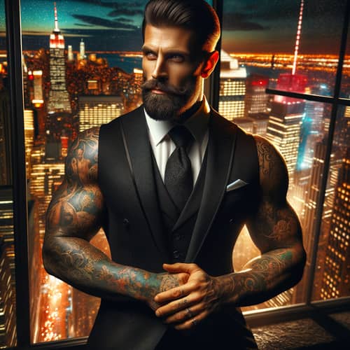 Italian Man Elegantly Clad in Tattoos and Black Suit | Cityscape View