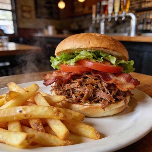 Pulled Pork BLT with Fries at Brewery