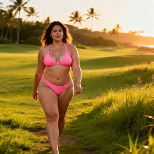Confident Curvy Woman in Pink Bikini Outdoors