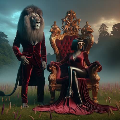 Majestic Alpha and Enchanting Lioness in Rose-Red Velvet Attire
