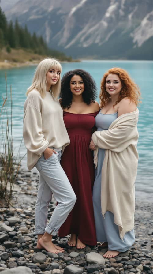 Three Women by a Crystal-Clear Mountain Lake