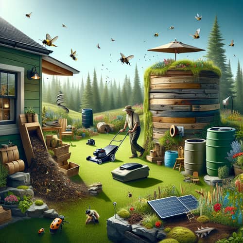 Sustainable Lawn Care: Manual Reel Mower, Compost Bin & Rain Barrels