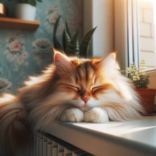 Fluffy Cat Lounging on Sun-Kissed Windowsill
