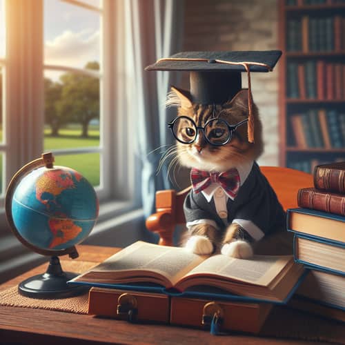 Studious Cat in Glasses | Desk Study Scene with Books & Globe