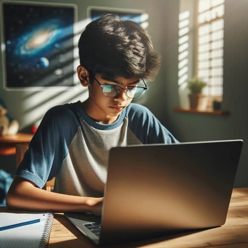Serene South Asian Boy Studying with Laptop at Wooden Desk