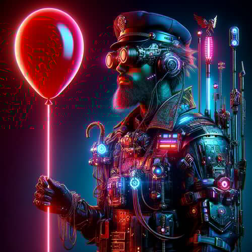 Charismatic Cyberpunk Fashion Model with Fluorescent Red Balloon