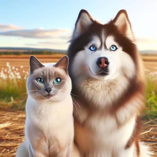 Siberian Husky and Siamese Cat: Endearing Companions in Sunny Field