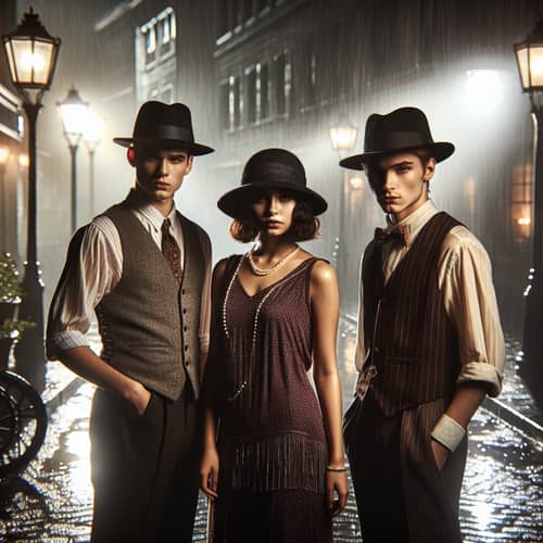 1920's Film Noir Style Street Scene with Three Young People