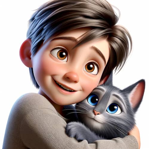 Young Boy Embracing Grey Cat in Pixar-Style 3D Animation
