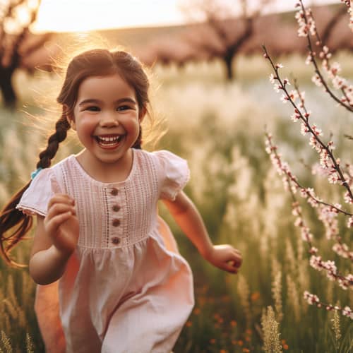 Young Hispanic Girl Laughing in Blossoming Meadow