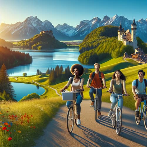 Diverse Group Cycling Through Scenic Landscapes