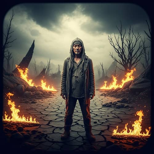 Human Standing in Fiery Wasteland