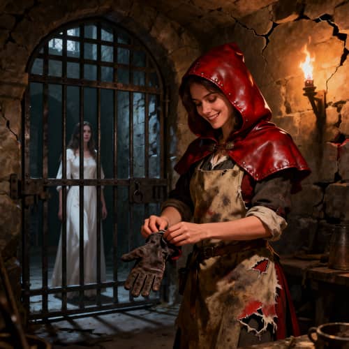 Mystical Castle Scene: Woman in Red Hood and Gloves