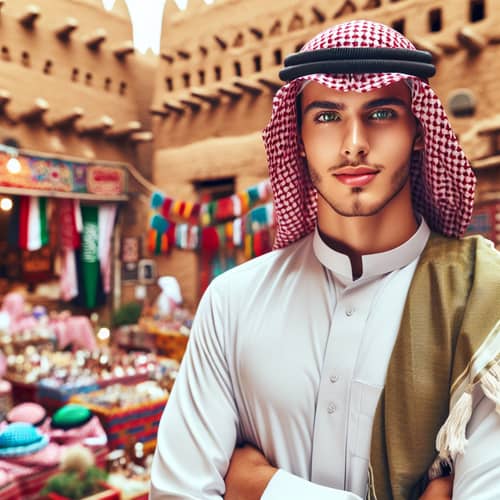 Saudi Arabian Man in Traditional Attire at Bustling Market