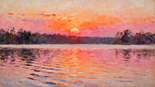 Impressionist Sunset Over Tranquil Lake