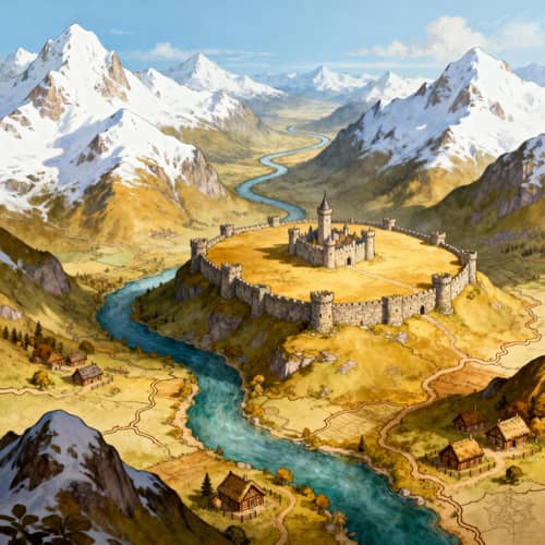 Fantasy Map with Snowy Mountains and Castles Fantasy Map with Snowy Mountains and Castles