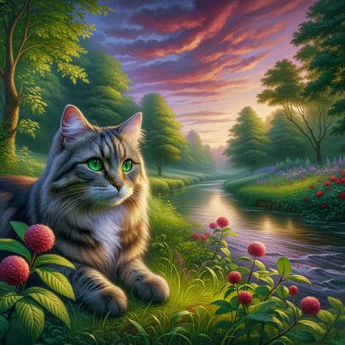 Lush Green Landscape with Tabby Cat by Calm Brook