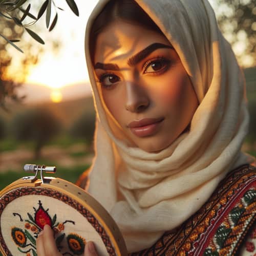 Palestinian Woman in Traditional Embroidered Clothing at Sunset