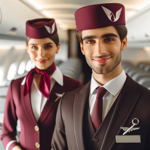 Professional Qatar Airways Flight Attendant in Maroon Suit