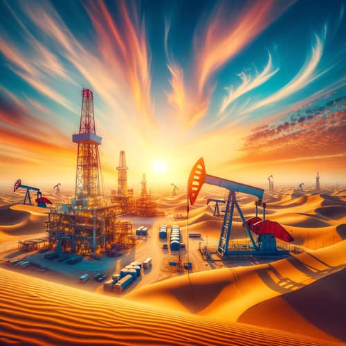 Energy Industry in Qatar: Vibrant Oil Drills in Desert Landscape